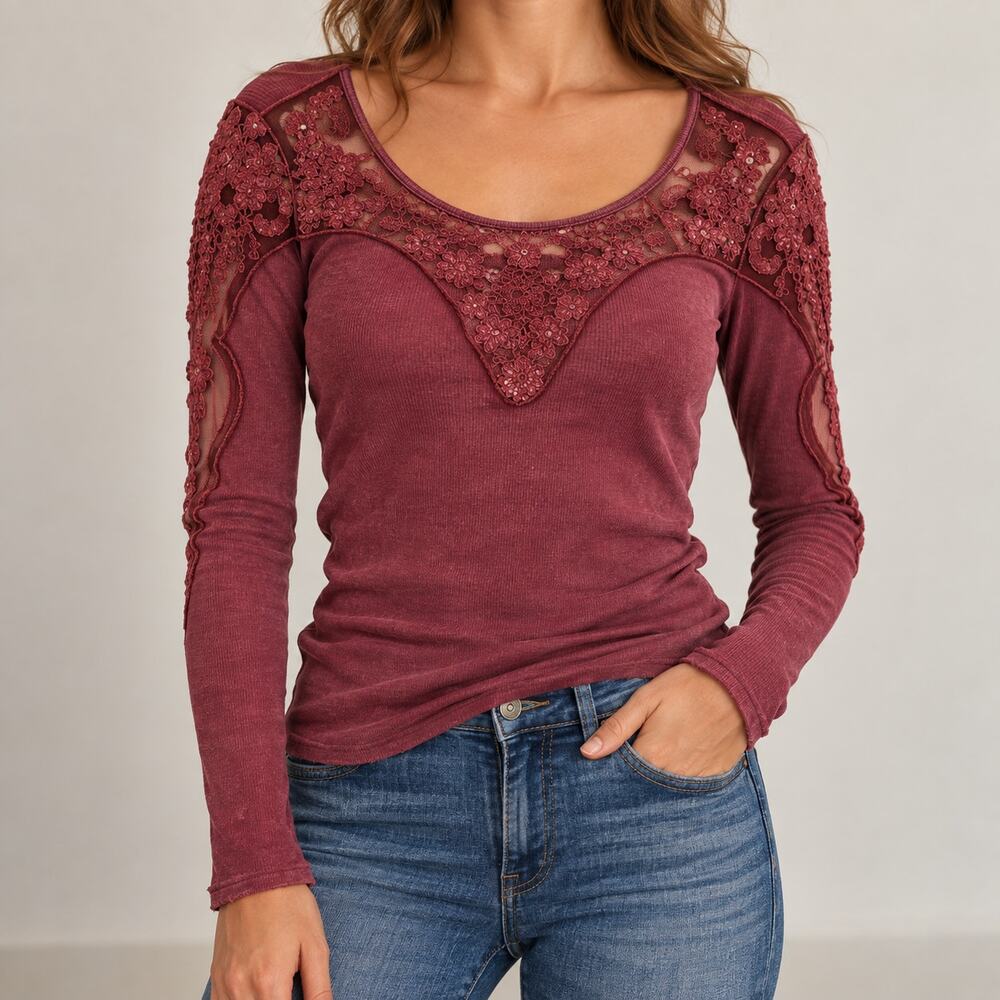 BKE Womens Thermal Lace Neck Shirt Size XS Distressed Maroon Long Sleeve Y2K